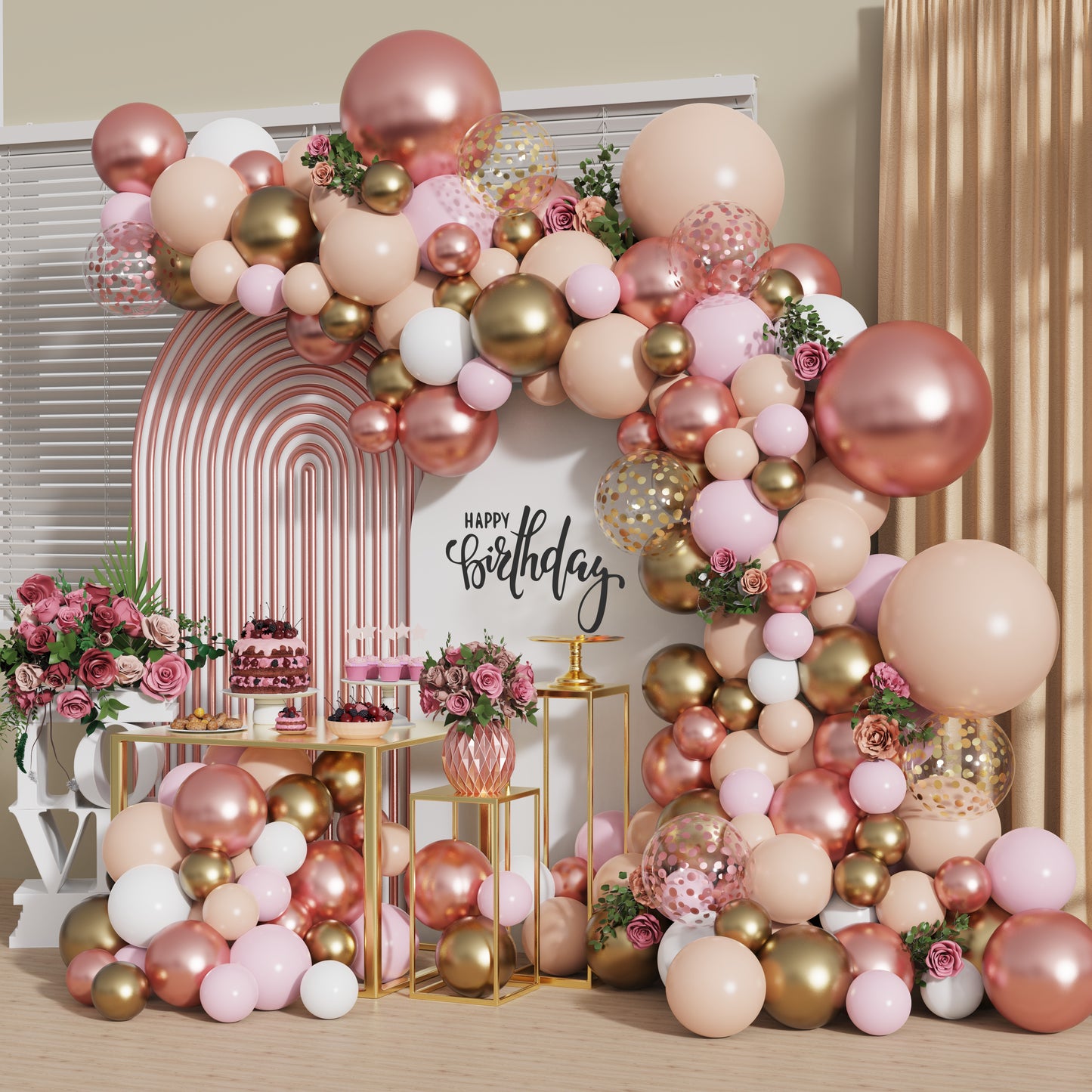 Double Dusty Blush Balloons Garland Arch Kit with 142pcs 18/10/5/Inch Rose Gold Pink White Gold Latex Balloons for Girls Baby Shower Bachelorette Birthday Wedding Decorations (Blush)