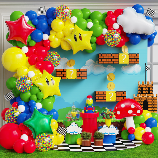 133Pcs Red Blue Green Yellow Balloon Garland Kit with Confetti Balloon Cloud Mushroom Star Balloons for Cartoon & Video Game Theme Birthday Birthday Party Supplies